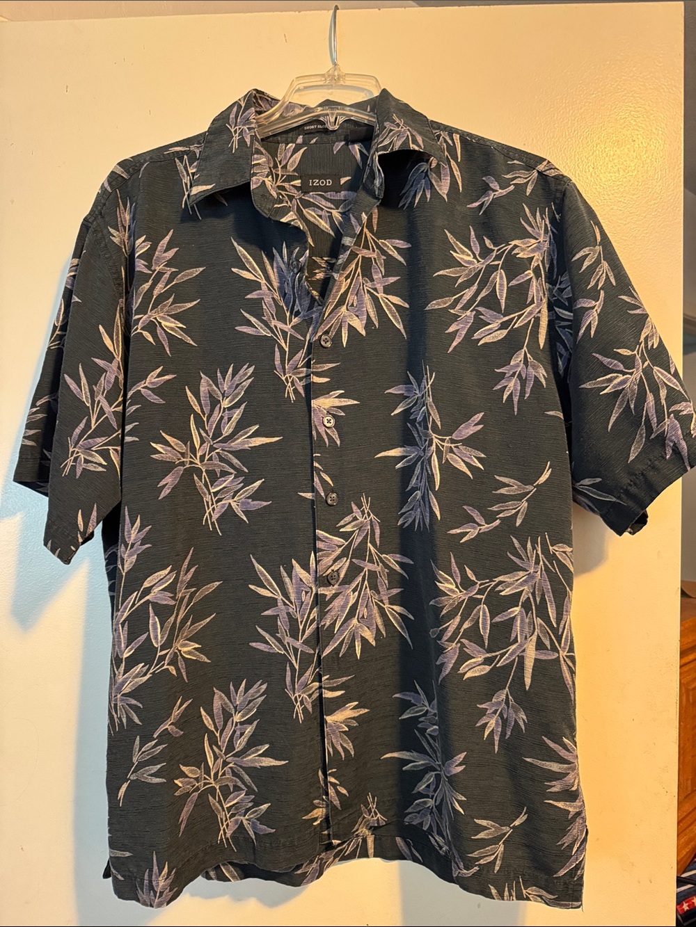 Izod Black Short-Sleeve Button-Up Shirt with Lavender Leaf Print